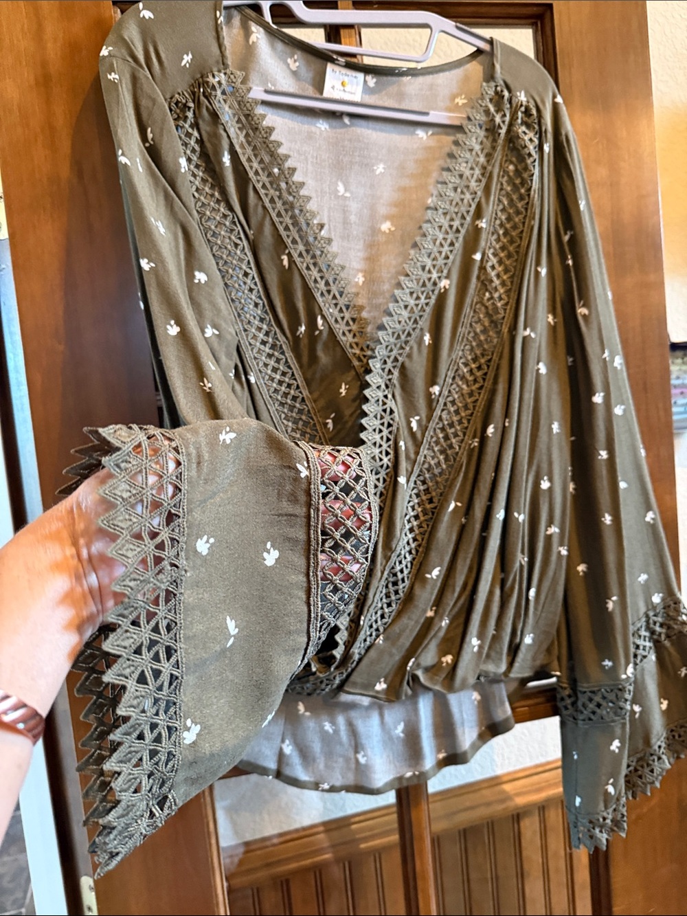By Together Olive Green Wrap Blouse with Lace Trim
